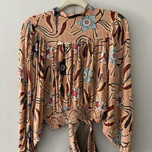 Christian Siriano NY Abstract Floral top, Balloon sleeves, waist tie-Size S